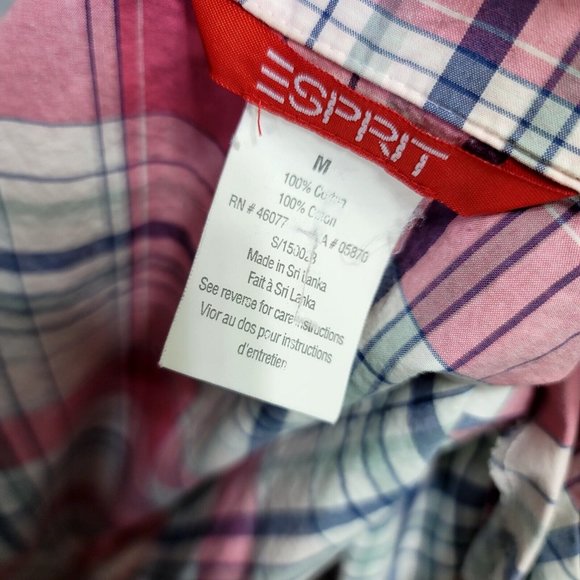 Vintage Y2K Esprit JRS M Pink Plaid Cotton S/S Button Front Shirt Preppy - Picture 7 of 8